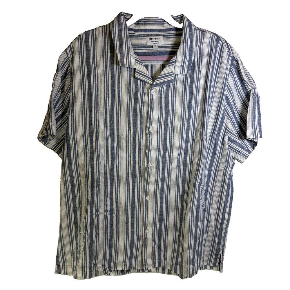 Sperry Premium Apparel Mens XL Linen Blend Stripe Shirt Blue White Camp Collar